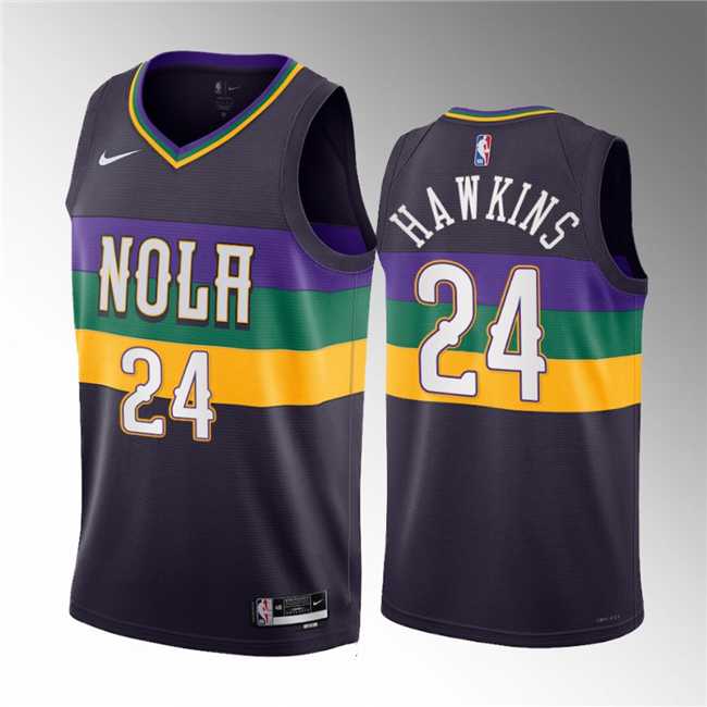 Mens New Orleans Pelicans #24 Jordan Hawkins Purple 2023 Draft City Edition Stitched Basketball Jersey